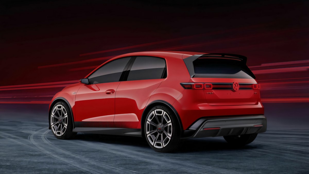 Концепт Volkswagen ID. GTI с видом сзади на красном фоне