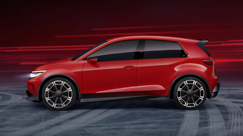 Боковой вид на концепт Volkswagen ID. GTI в ярко-красном цвете