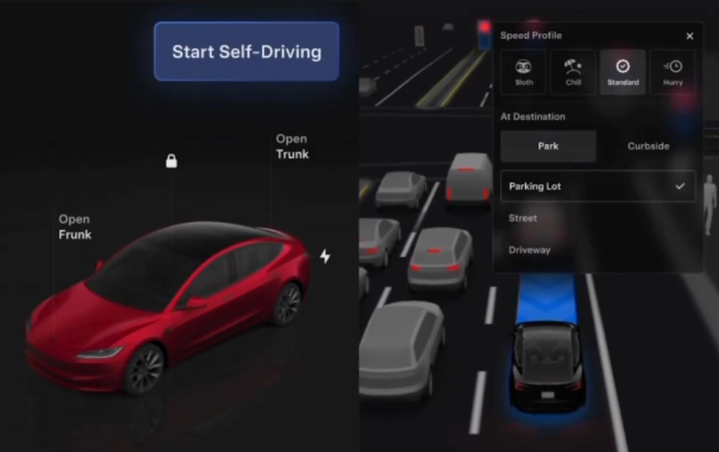 Tesla Model Y с активированной системой Full Self-Driving на центральном экране