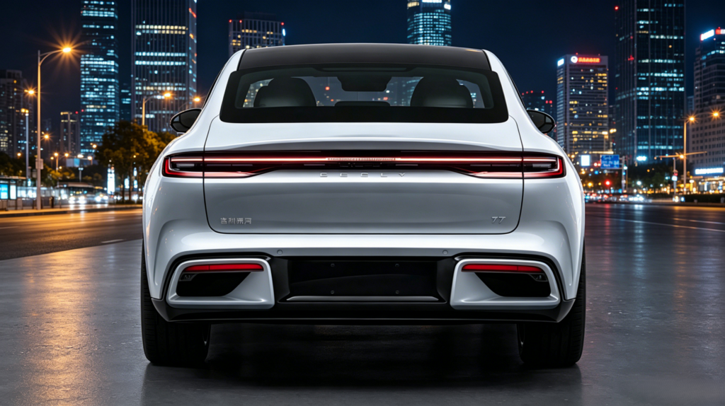 Задняя часть кузова электромобиля Geely Galaxy TT со сплошным горизонтальным монофонарем во всю ширину.