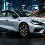 Передняя часть премиального электрического фастбека Geely Galaxy TT белого цвета с закрытой решеткой радиатора.