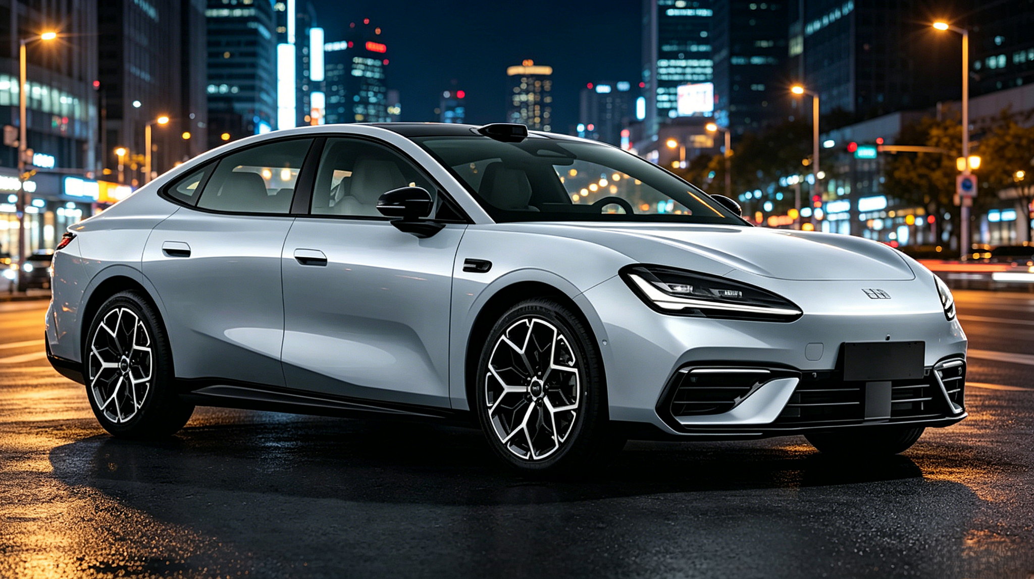 Передняя часть премиального электрического фастбека Geely Galaxy TT белого цвета с закрытой решеткой радиатора.
