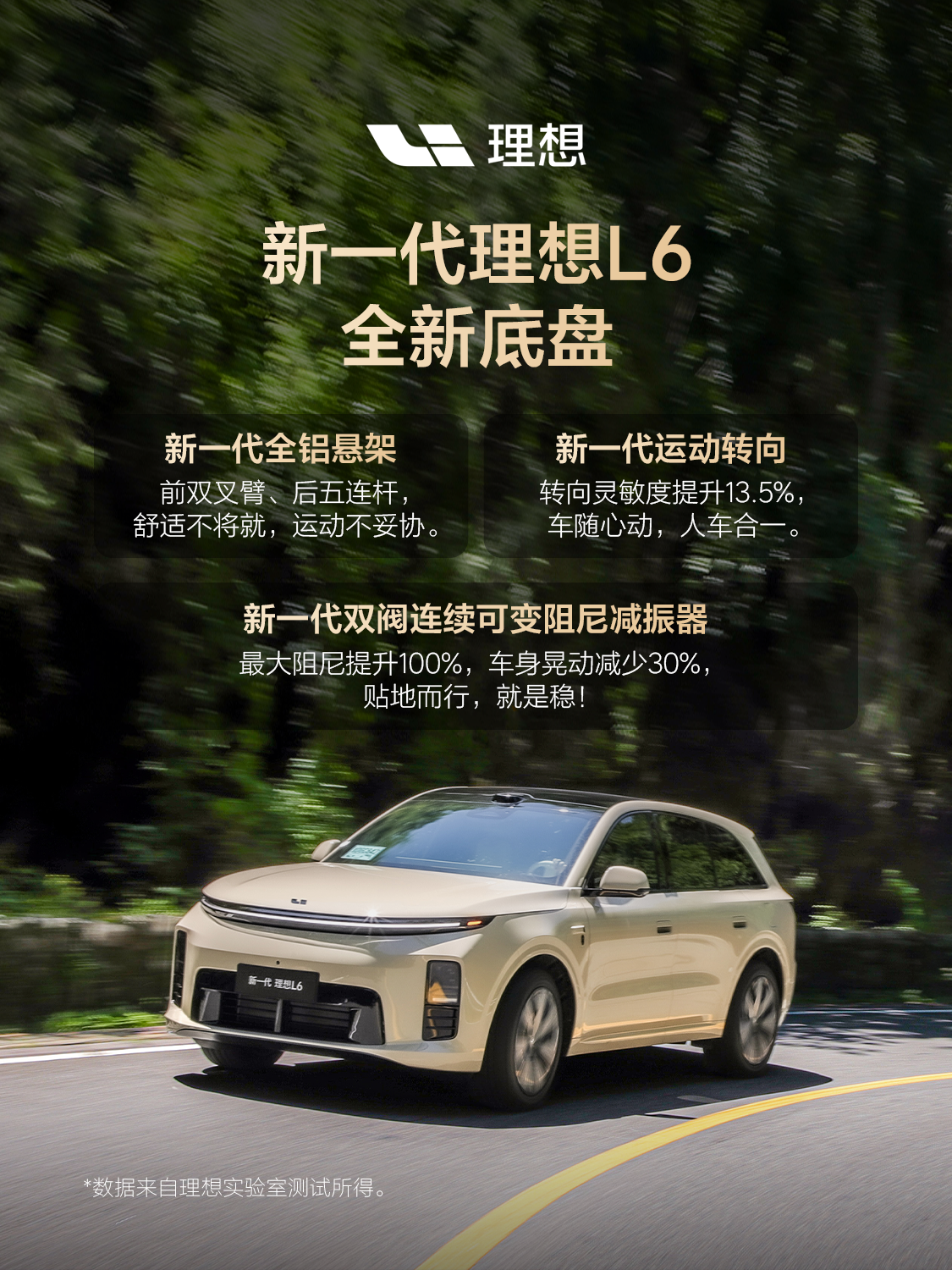 Обновленный кроссовер Li Auto L6 серебристого цвета выполняет скоростной поворот на испытательном треке